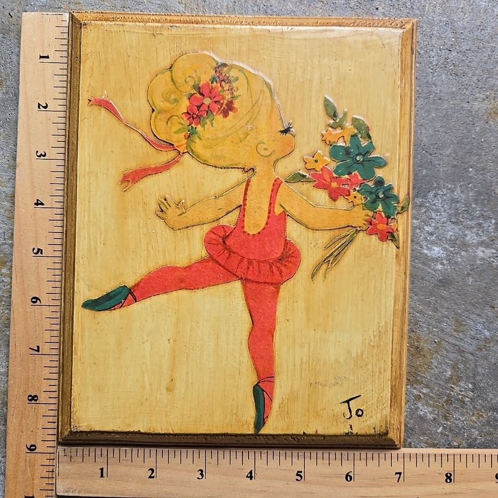 70s Resin Coated Collage Art Ballerina Flowers Bow Signed Jo Wood Plaque 7x9 USA